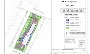 Projekt zagospodarowania działki NR 8/1 z zaznaczoną zabudową, parkingiem, drogami i zielenią. Skala 1:500.
