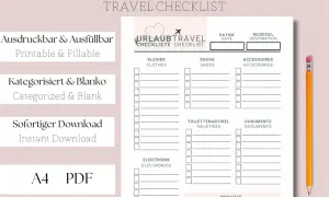 Eine druckbare und ausfüllbare Urlaub Checkliste zum Abhaken. Kategorisiert und blanko, mit Feldern für Kleider, Schuhe, Accessoires, Toilettenartikel, Elektronik, Dokumente und Wichtiges.