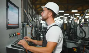 Operator CNC w białym kasku pracuje przy panelu sterowania maszyny przemysłowej, wprowadzając dane na klawiaturze.