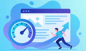 Szybkość strony Google to klucz do sukcesu. Grafika pokazuje biegacza na tle strony internetowej i wskaźnika prędkości.