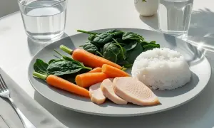 Łagodny posiłek na talerzu: gotowany kurczak, ryż, marchewka i szpinak. Idealny jadłospis dieta wrzodowa.