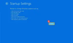 Ekran "Ustawienia uruchamiania" w Windows 11. Możliwość wejścia w tryb awaryjny lub inne opcje.