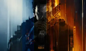 Zniekształcony obraz postaci z gry black ops 7, podzielony na niebieskie i pomarańczowe fragmenty, z widocznym zbliżeniem na twarz.