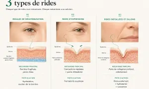 Trois types de rides expliqués : déshydratation, expression et installées. L'image montre des schémas de peau illustrant les causes des rides et ridules.