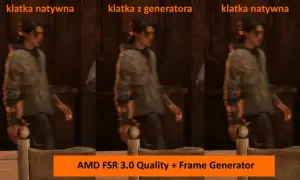 Porównanie klatek: natywna vs. z generatora klatek AMD FSR 3.0 Quality. Widać różnicę w płynności ruchu postaci.