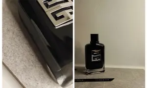 Elegancka, czarna butelka perfum Givenchy Gentleman Society z charakterystycznym, srebrnym logo.