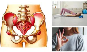 Illustrazione anatomica del bacino e del pavimento pelvico, donna che fa esercizio a casa, mano che fa il gesto OK.