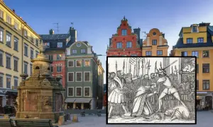 Stortorget i Gamla Stan, Stockholm, den historiska stockholms blodbad plats, med en dramatisk illustration av händelsen.