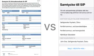 Samtycke till informationsutbyte för SIP, en samordnad individuell plan, visas på papper och mobil.