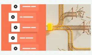 Interfaccia grafica con elementi di annullamento e un complesso sistema di binari ferroviari, che illustra come funzionano le azioni.