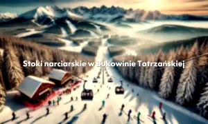 Widok na stoki narciarskie w Bukowinie Tatrzańskiej. Narciarze szusują po ośnieżonych trasach, a kolejki linowe wwożą ich na szczyt.