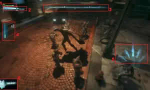 Batman walczy z przeciwnikami w Arkham Asylum. Poradnik pokazuje interfejs gry: PD, pasek zdrowia, kompas, gadżety, celownik.