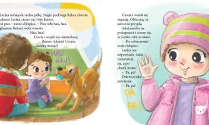 Adaś i Lenka bawią się z pieskiem Reksem. Wujek mówi na dziecko "Adasiu!". Dzieci machają na pożegnanie.