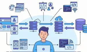Un programador full stack diseña interfaces, gestiona servidores y bases de datos, y escribe código.