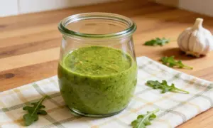 Słoiczek domowego pesto z rukoli, obok czosnek i listki rukoli na kratkowanej ściereczce.