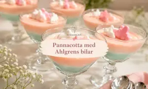 Flera glas med pannacotta i lager av rosa och mintgrönt, toppade med Ahlgrens bilar.