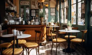 Przytulne bistro i restauracja z drewnianym blatem, żółtymi krzesłami i stolikami. W tle widać okna i zielone drzwi.