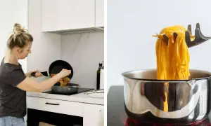 Frau kocht ein einfaches Bolognese Rezept. Spaghetti werden aus einem Topf gehoben.