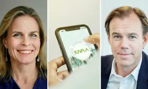 Kivra grundare, en kvinna och en man, med en mobil som visar Kivra-appen.