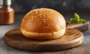 Ein goldbrauner Burger-Bun mit Sesam bestreut, liegt auf einem rustikalen Holzbrett.