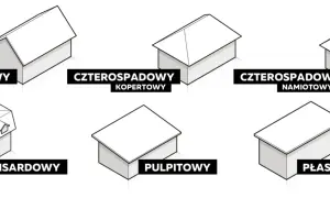 Ilustracje różnych typów dachów: dwuspadowy, czterospadowy kopertowy i namiotowy, mansardowy, pulpitowy, płaski. Pokazują jaki kąt dachu dwuspadowego.