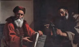 Dwóch mężczyzn, jeden z białą brodą, trzyma księgę z napisem "CAVSA CAVSARVM MISERERE". Drugi wskazuje na przyrząd, symbol racjonalizmu.