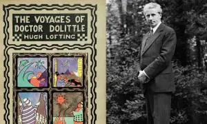 Okładka książki "The Voyages of Doctor Dolittle" Hugh Loftinga i czarno-białe zdjęcie autora.