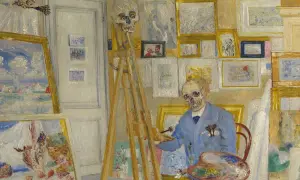 Ein Skelett im Atelier, umgeben von Bildern, ein Pinsel in der Hand. Ein Werk des Symbolismus Kunst, das die Vergänglichkeit des Lebens thematisiert.