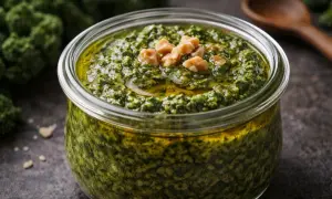 Słoik pełen aromatycznego pesto z jarmużu, ozdobiony orzechami. Idealny dodatek do makaronu lub kanapek.