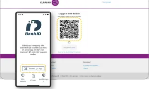 Mobiltelefon visar BankID-app för att skanna QR-kod på datorn för inloggning.