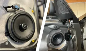 Installazione di un nuovo sound system auto: altoparlanti Hertz e Audison montati su una portiera.