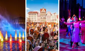 Wrocław majówka: kolorowa fontanna, tłum z gitarami na Rynku i tańczący ludzie w rytm muzyki.