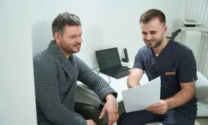 Lekarz omawia wyniki badania urologicznego mężczyzn z pacjentem w szlafroku.