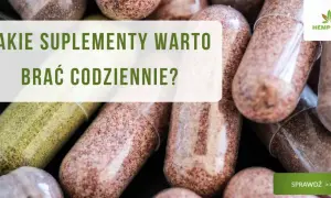 Zbliżenie na kapsułki z suplementami. Tekst: "Jakie suplementy warto brać codziennie?". Logo HempKing.