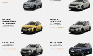 Dacia modele: Spring, Sandero, Sandero Stepway, Jogger, Duster, Bigster. Różne wersje, w tym elektryczne i hybrydowe.