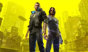 Dwóch bohaterów Cyberpunk 2077 na tle żółtego miasta. Johnny Silverhand i V gotowi na zdobycie wszystkich cyberpunk 2077 trofea.