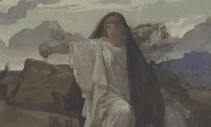 Antygona w białej todze i czarnym welonie, trzymająca miecz, na tle krajobrazu z miastem.