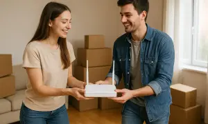 Uśmiechnięta para trzyma router Wi-Fi, gotowa do podłączenia internetu w nowym domu. Każdy abonent zasługuje na szybkie połączenie.