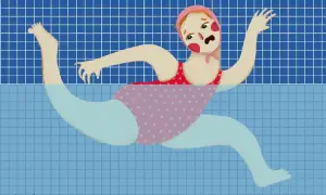 A swimmer with a distressed expression struggles in a pool, perhaps wondering, "Can you be allergic to chlorine?