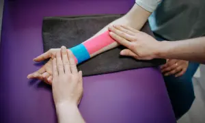 Fizjoterapeuta aplikuje tejpy na palce i nadgarstek pacjenta, by zapewnić wsparcie i ulgę.