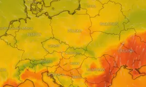 Mapa Europy z zaznaczonymi krajami. Ciepła pogoda we wrześniu, z temperaturami od zielonych do pomarańczowych.