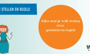 Twee getekende personen, een man en een vrouw, staan naast elkaar. De tekst "Grenzen stellen en regels" en "Alles wat je wilt weten over grenzen en regels" suggereert dat dit gaat over het creëren van structuur, wat soms kan leiden tot geen warme famil...