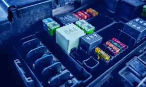 Caja de fusibles de coche con varios fusibles de colores y relés.