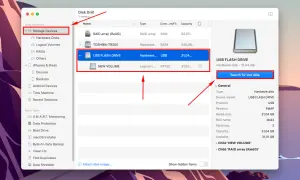 El programa Disk Drill muestra que no se reconoce el dispositivo USB, una unidad flash de 31,04 GB, y ofrece buscar datos perdidos.