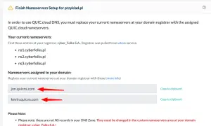 Konfiguracja QUIC.cloud DNS dla domeny przyklad.pl. Zmień obecne serwery nazw na jon.quicns.com i kevin.quicns.com.