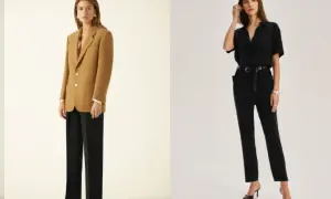 Eleganckie stylizacje na rozmowę kwalifikacyjną: beżowy żakiet z czarnymi spodniami lub czarny kombinezon.