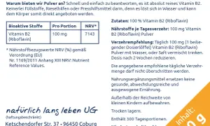Reines Vitamin B2 (Riboflavin) Pulver, 100 mg pro Portion. Die Riboflavin wirkung unterstützt den Körper, löst sich gut in Wasser. 30g Inhalt.