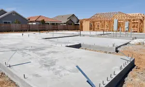 Fundamenty domu w budowie, betonowe płyty i zbrojenia. W tle szkielet drewniany kolejnego budynku. Chudziak co to? To początek budowy.