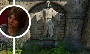Kobieta patrzy na kamienną rzeźbę w świątyni. Czy to ona pomoże rozwiązać sprawę morderstw w świątyni otwartej dłoni?