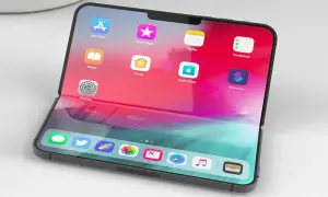 Koncepcyjny iPhone flip z ekranem podzielonym na dwie części, wyświetlający ikony aplikacji.
